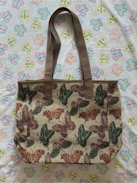 Vintage Handbags - Vintage Taupe Butterfly Print Tapestry Tote Bag